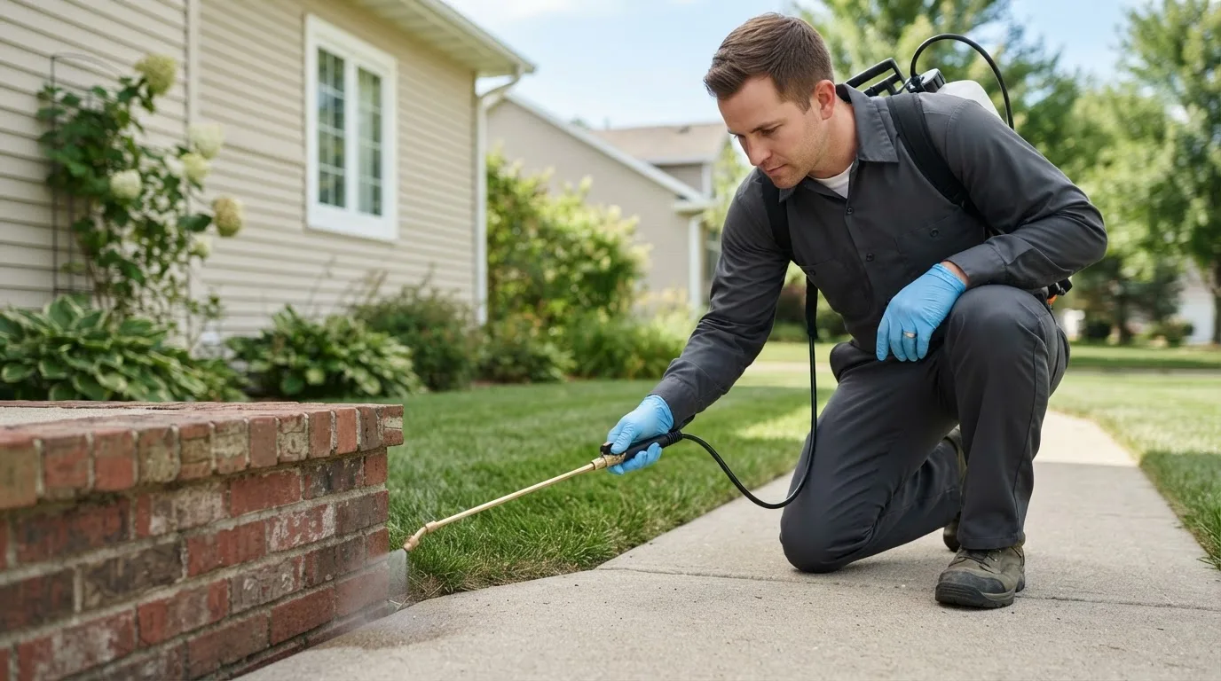Pest control technician treating a home near Rutherford College, NC